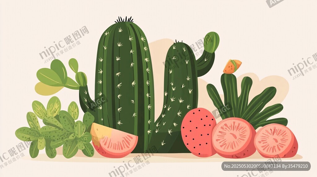 可爱仙人掌与蔬果插画