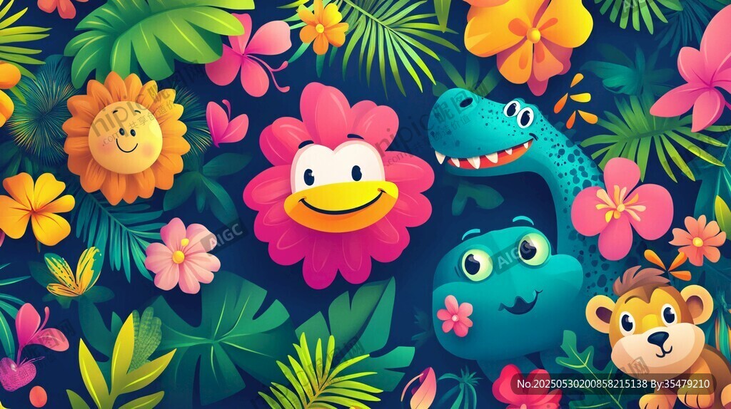 梦幻丛林中的可爱动物与花朵