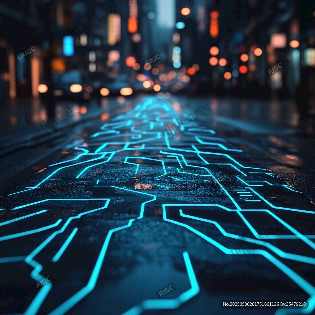 城市夜景中的科技感电路线条