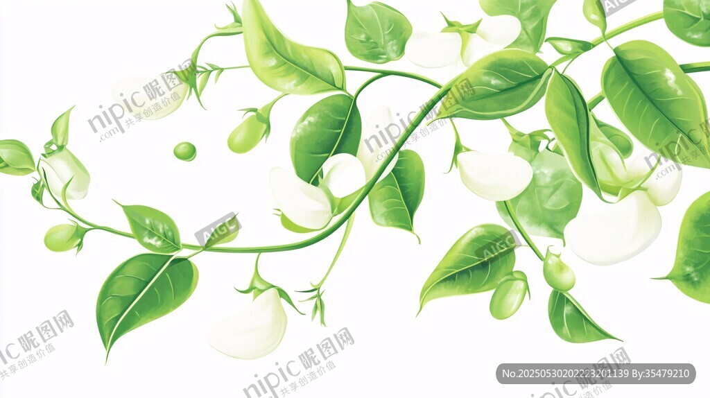 清新绿叶白花植物插画