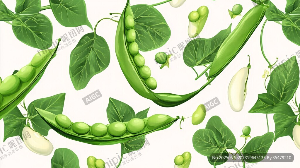鲜嫩青豌豆与绿叶插画