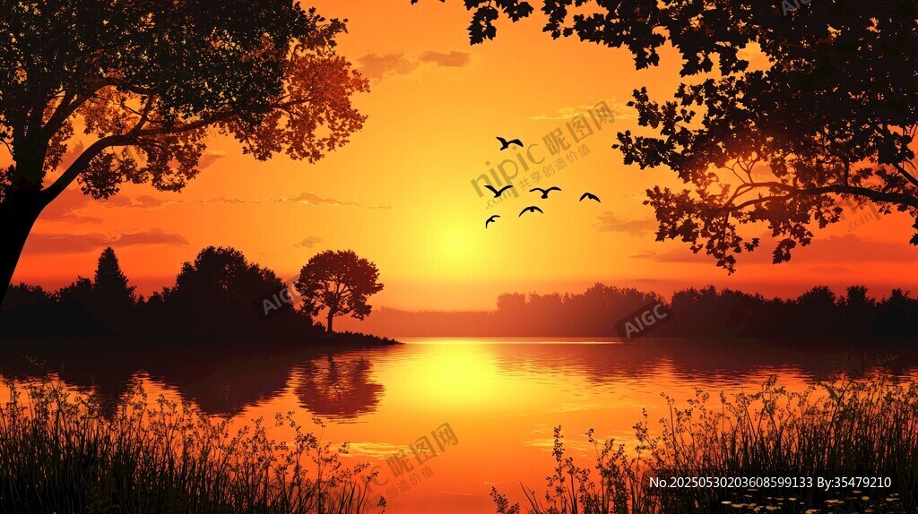 湖畔夕阳飞鸟美景如画