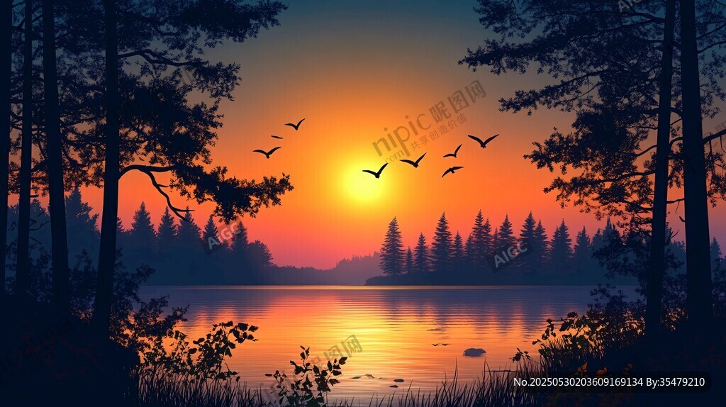湖畔夕阳飞鸟森林美景
