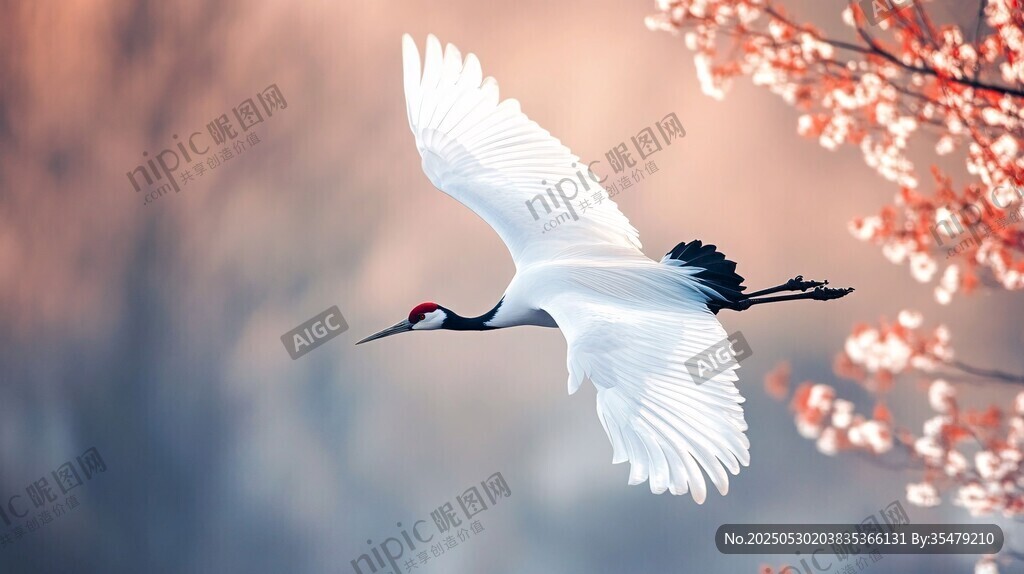 丹顶鹤于繁花间优雅飞翔