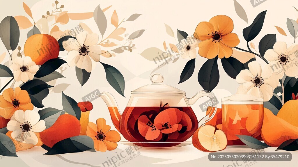 秋日花果茶插画