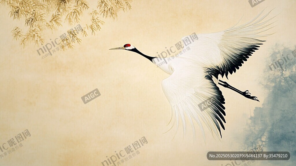 丹顶鹤展翅飞翔水墨图景