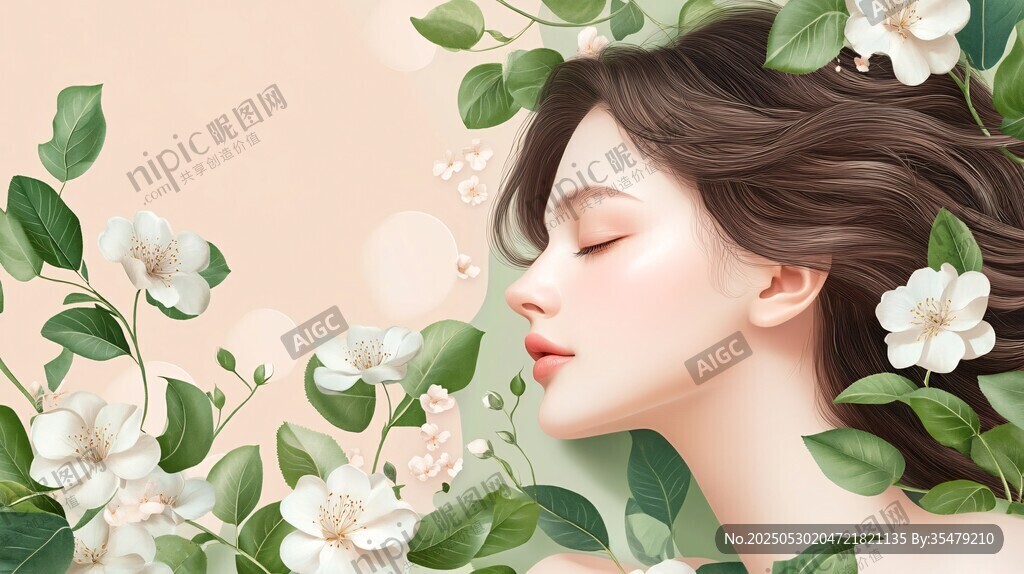 花香中的恬静女子