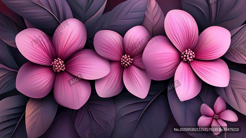 粉色花朵与深紫叶片插画
