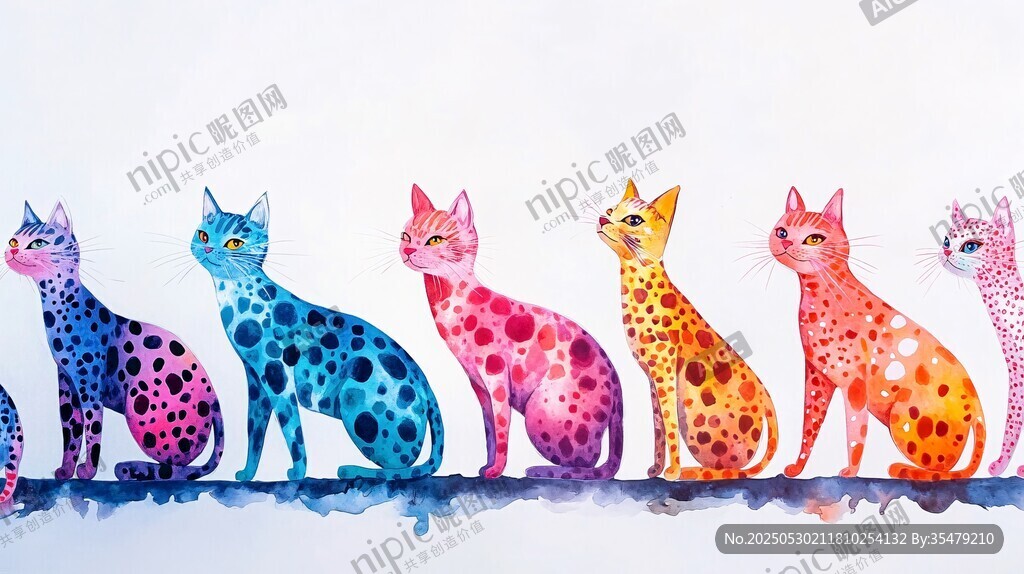 彩色斑点猫排成一排
