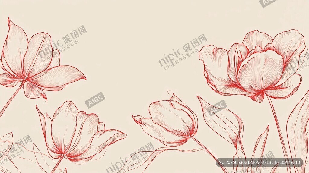 手绘粉色花卉线条插画