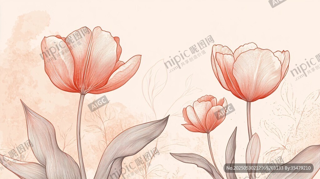 手绘淡粉郁金香花卉图