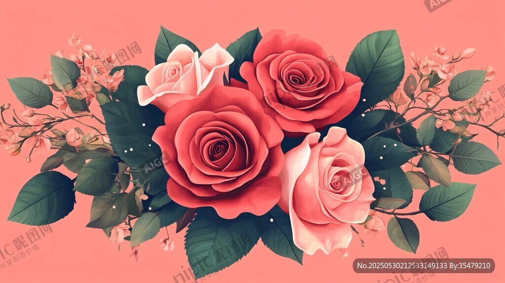 娇艳玫瑰花卉组合插画