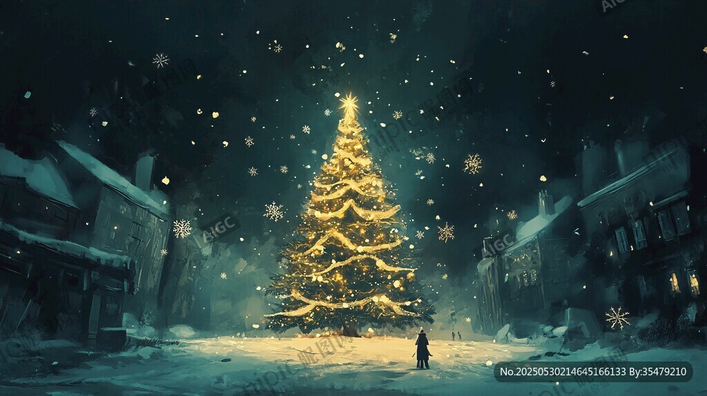 梦幻雪夜中的璀璨圣诞树