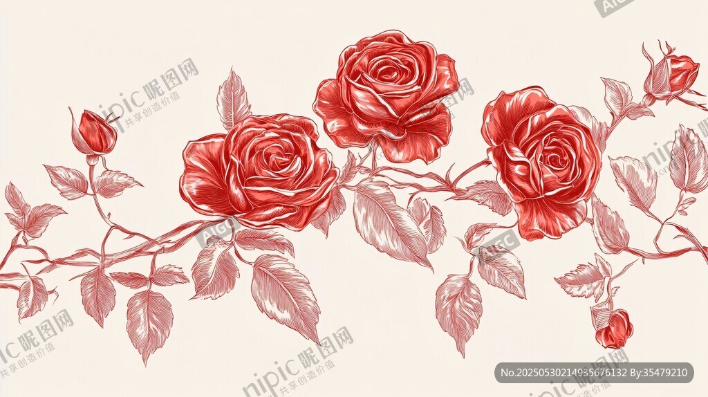 手绘红玫瑰花卉图案