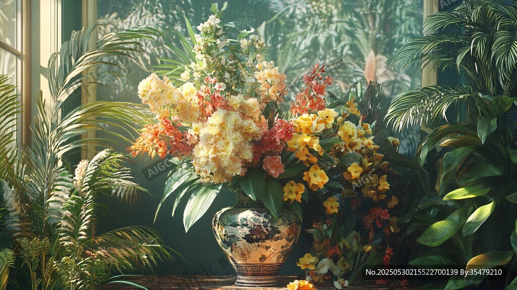 花瓶中的多彩花卉与绿植