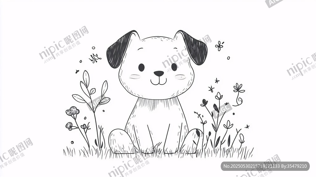 可爱小狗坐于花草间
