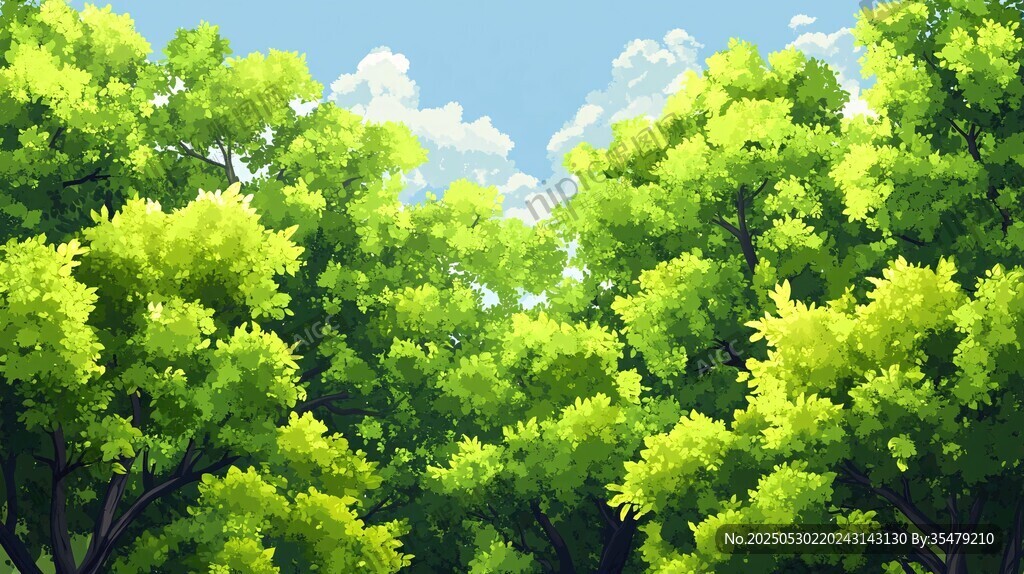 翠绿树林间的明朗蓝天