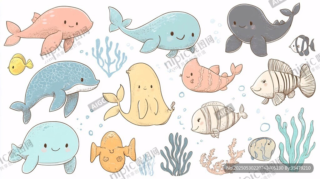 可爱海洋生物卡通插画集合