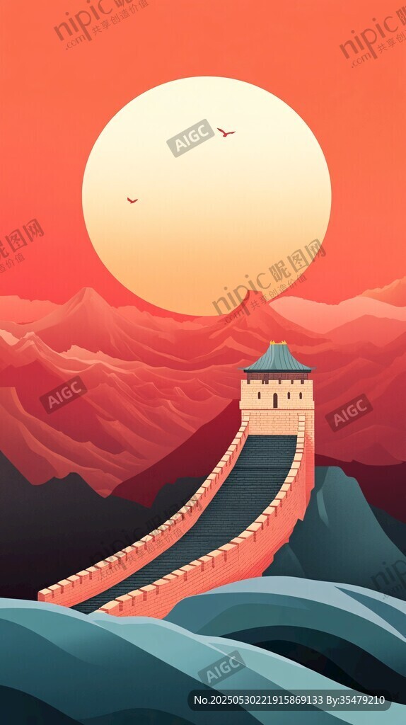 夕阳下的壮丽长城景观