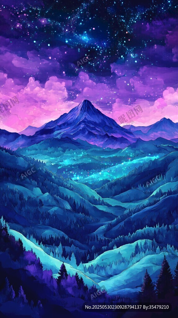 梦幻星空下的山峦森林