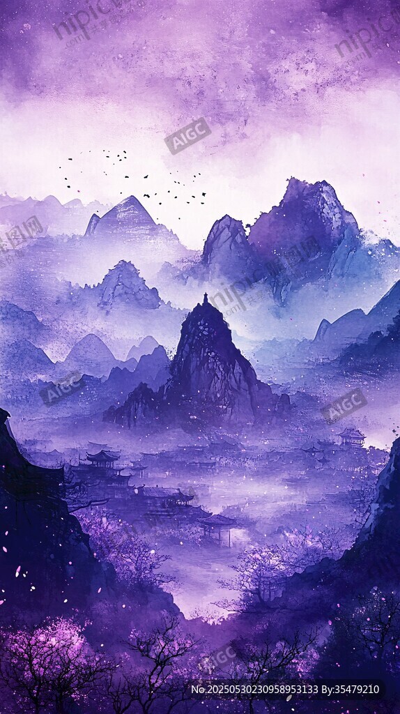 梦幻紫境中的山川飞鸟