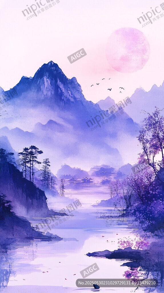 水墨山水月夜泛舟图