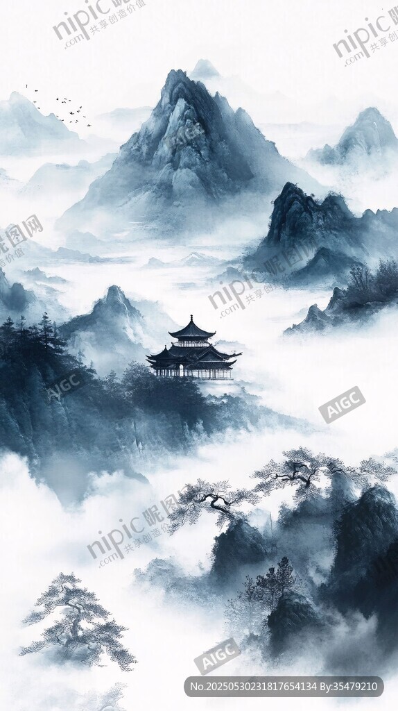 水墨山水间的古韵楼阁