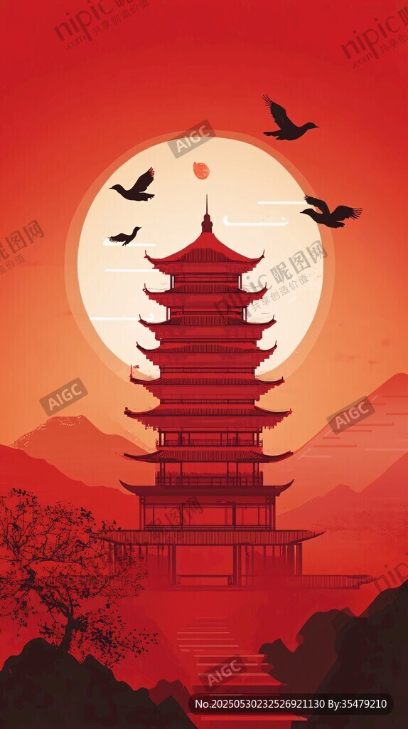 落日下的中式塔楼与飞鸟