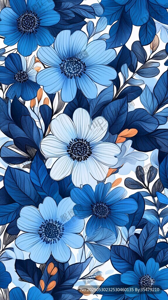 蓝色花卉图案精美插画