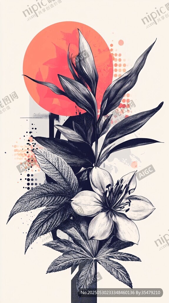 复古风花卉与红日插画