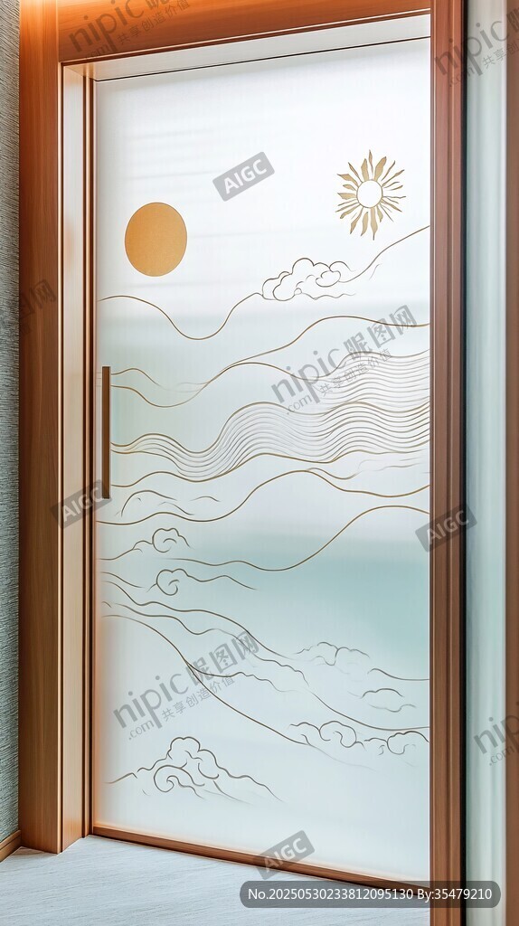 中式山水玻璃门装饰画