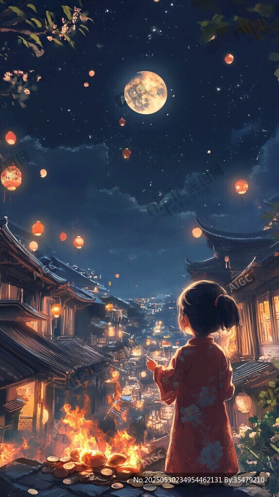 月夜女童赏景放灯图