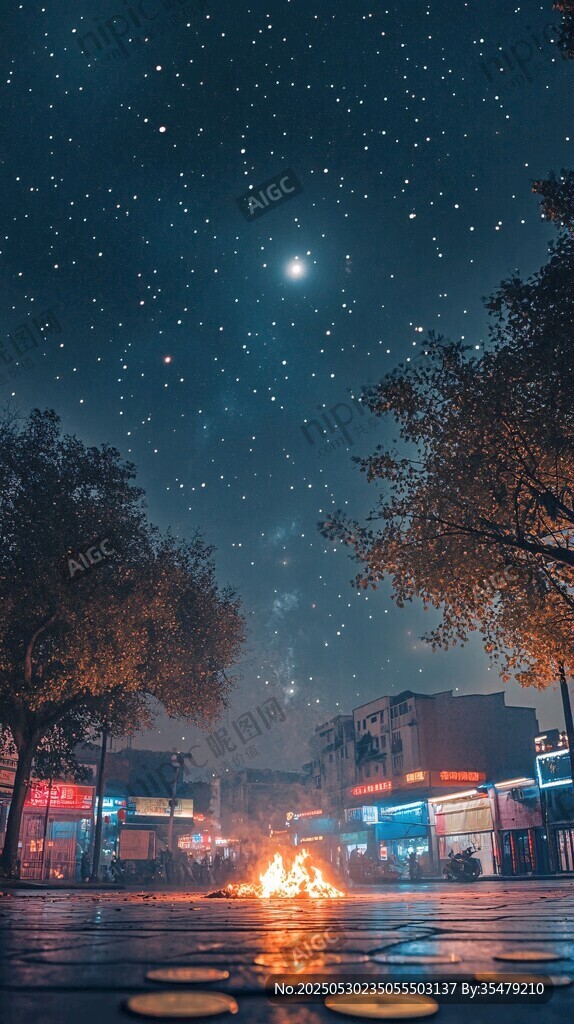 星空下的篝火与静谧街道
