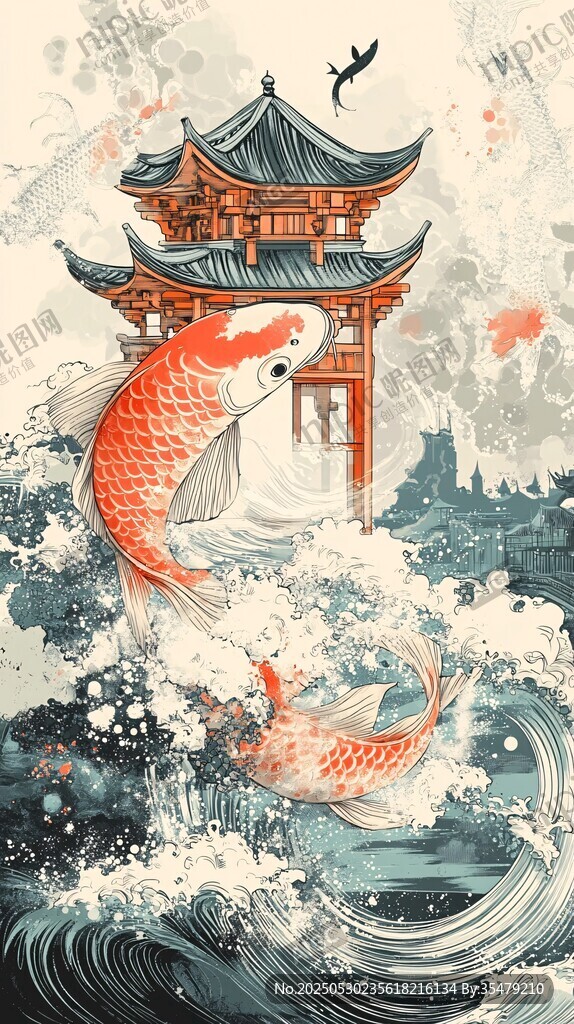 锦鲤跃浪伴古亭