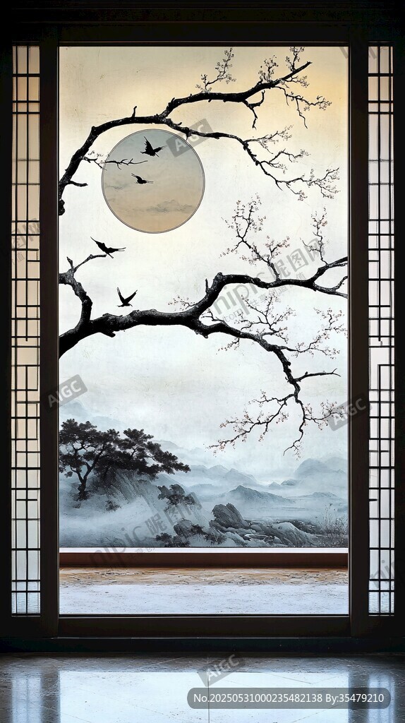 中式窗景下的月夜山水图