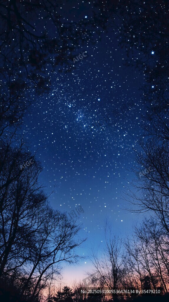 夜空繁星下的静谧树林
