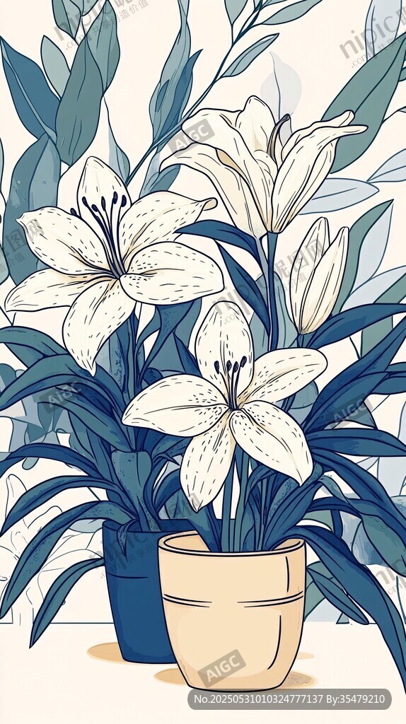 清新手绘风百合花盆栽图