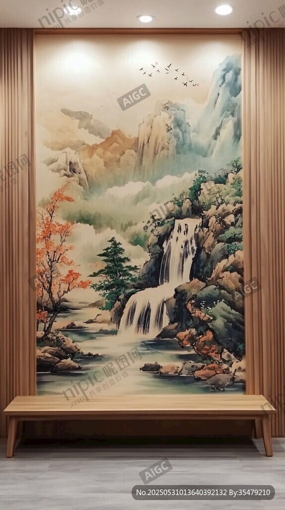 中式山水壁画玄关装饰图