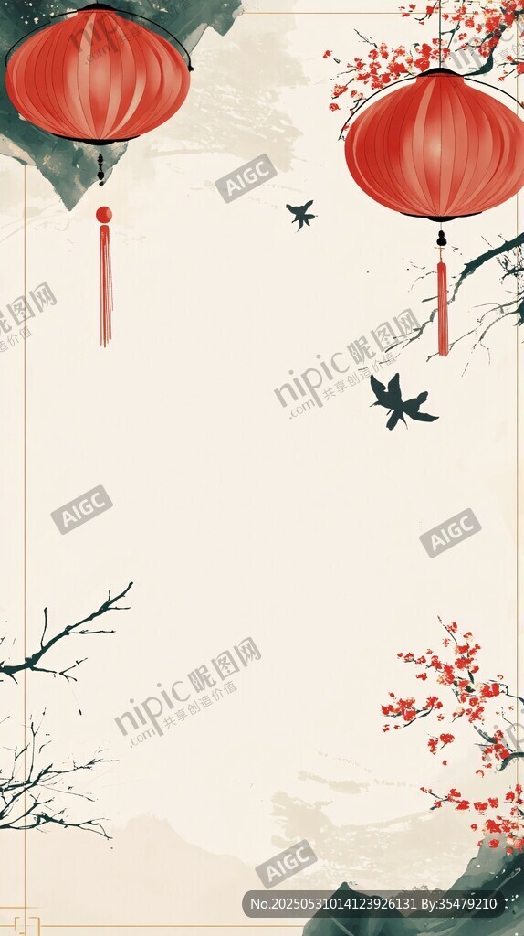 中式灯笼花鸟背景图
