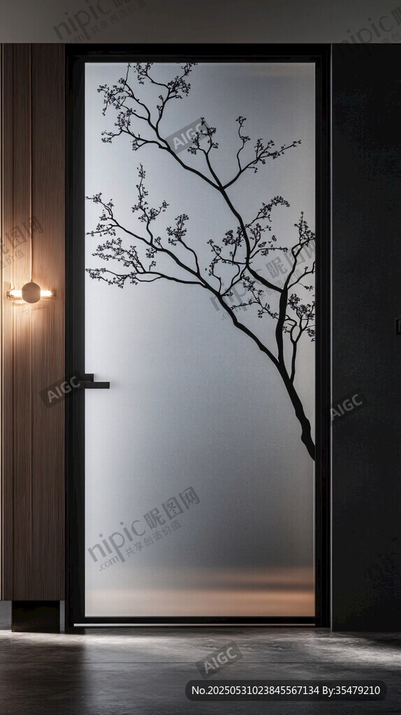 简约磨砂玻璃门 树影装饰