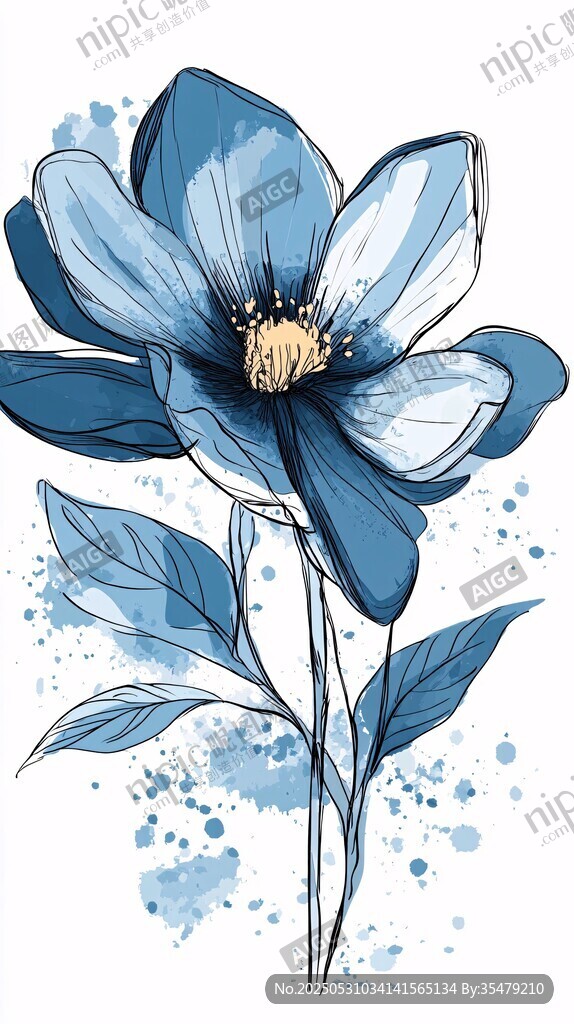 蓝色水彩风单朵花卉插画
