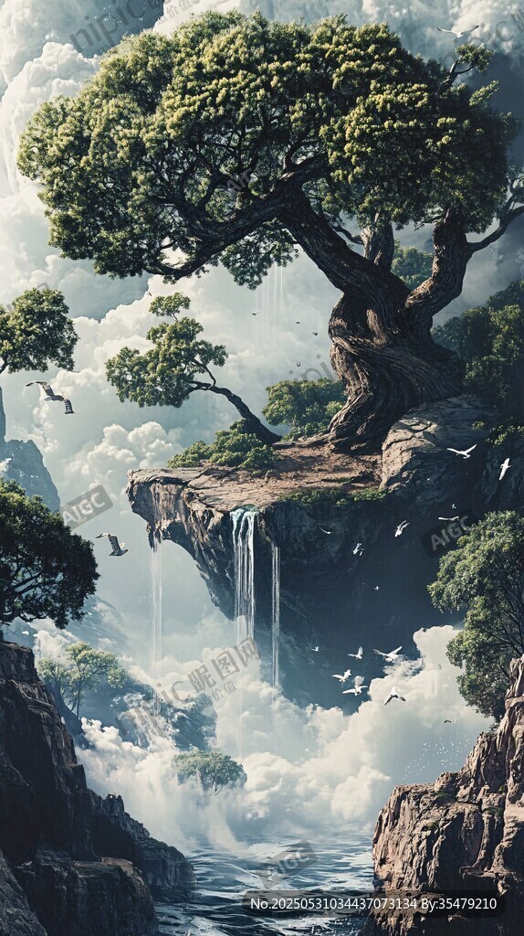奇幻悬崖古松瀑布景观