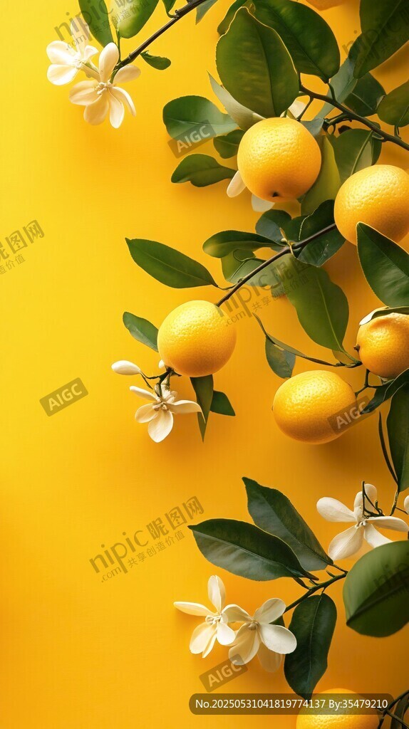 金黄柠檬与绿叶白花组合