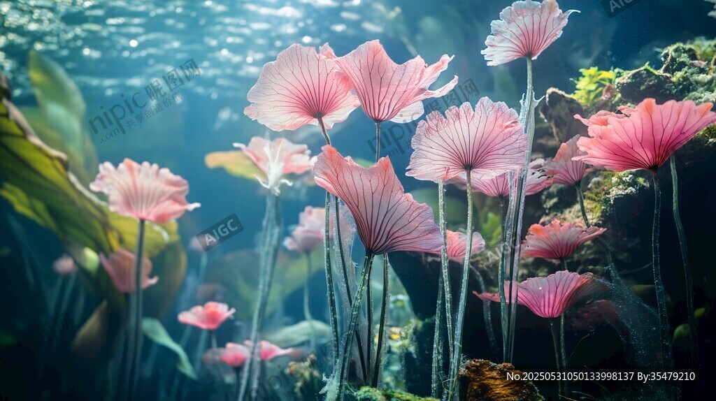 梦幻海底绽放的粉色花朵