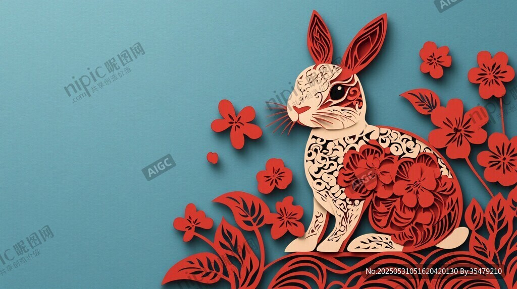 剪纸风繁花装饰可爱兔子