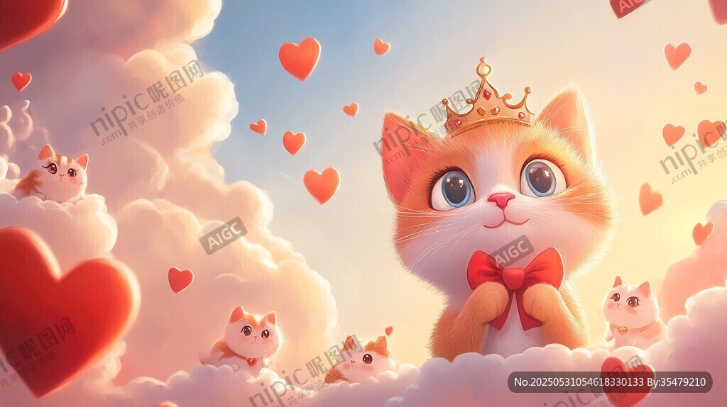 云端萌猫 爱心环绕的梦幻场景