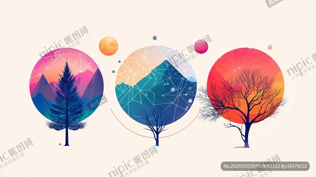 三幅梦幻自然景观圆形插画