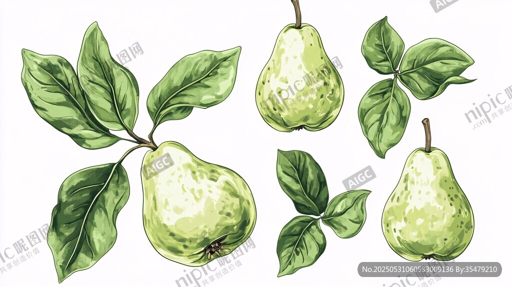 手绘青梨与绿叶插画