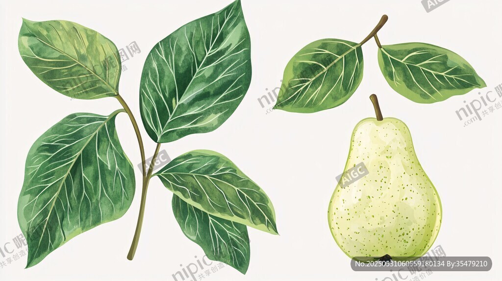 手绘梨与绿叶植物插画