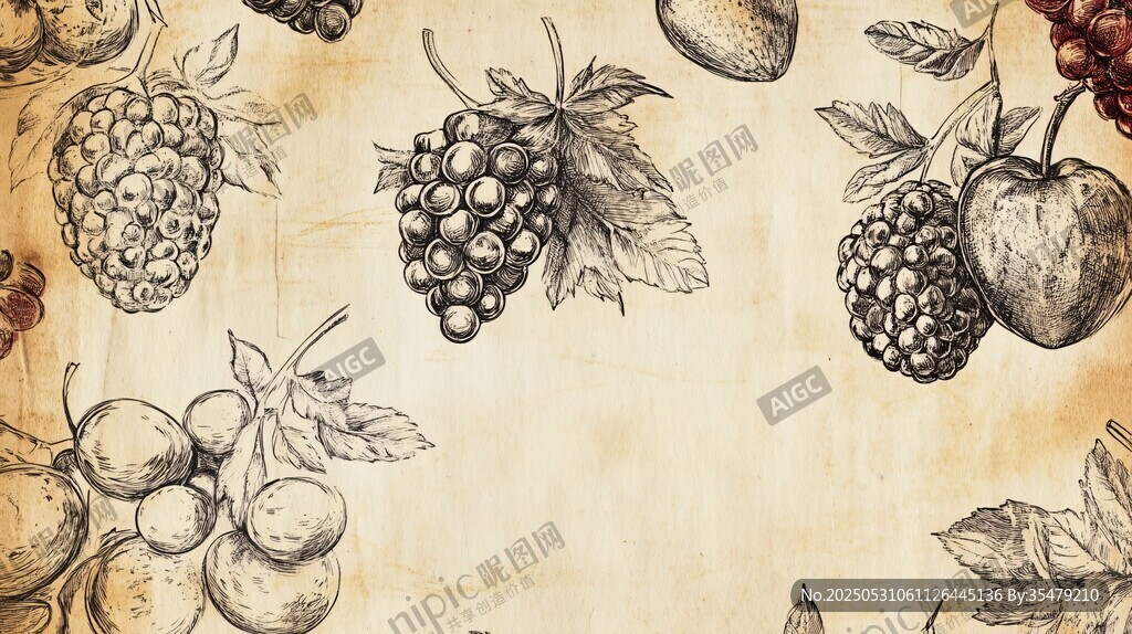 手绘水果复古风边框插画